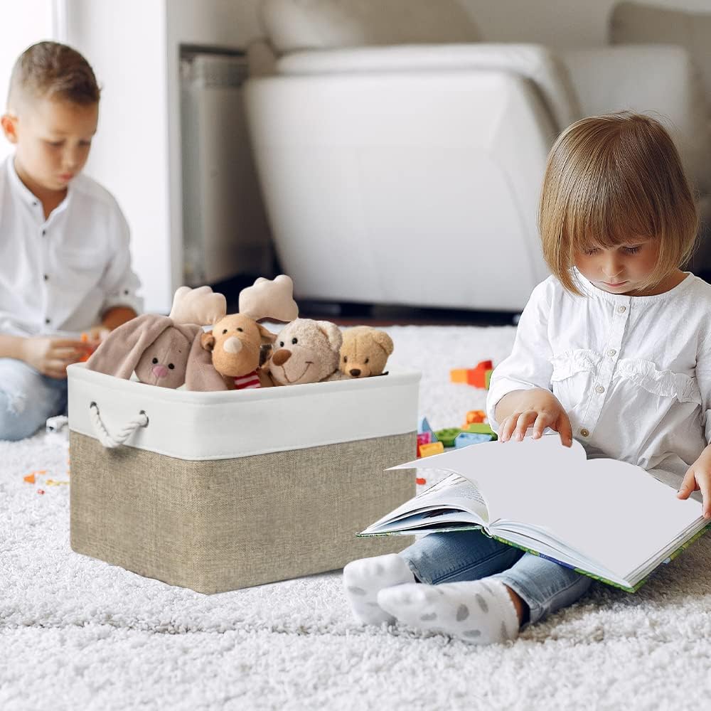 Organization and Storage Bins for Shelves - 17X15X12 inch 2 Pack Fabric Storage Cubes Collapsible Baskets for Organizing with Rope, Storage Box for Cloth Decorative (White&Khaki)