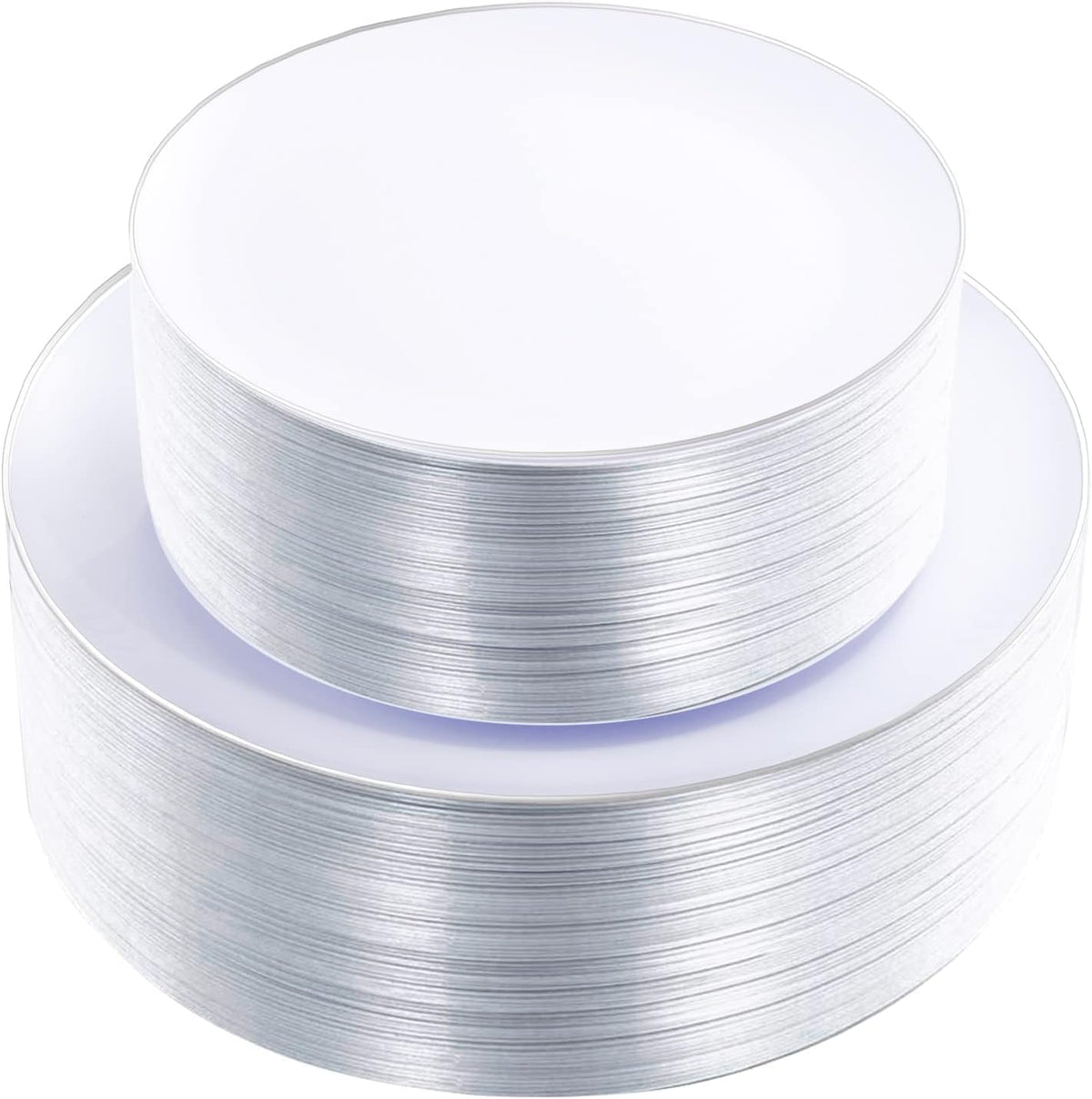 KIRE 100PCS Silver Plastic Plates - Heavy Duty White Disposable Plates with Silver Rim for Party/Wedding - Include 50Pcs 10.25inch Dinner Plates and 50Pcs 7.5inch Dessert Plates