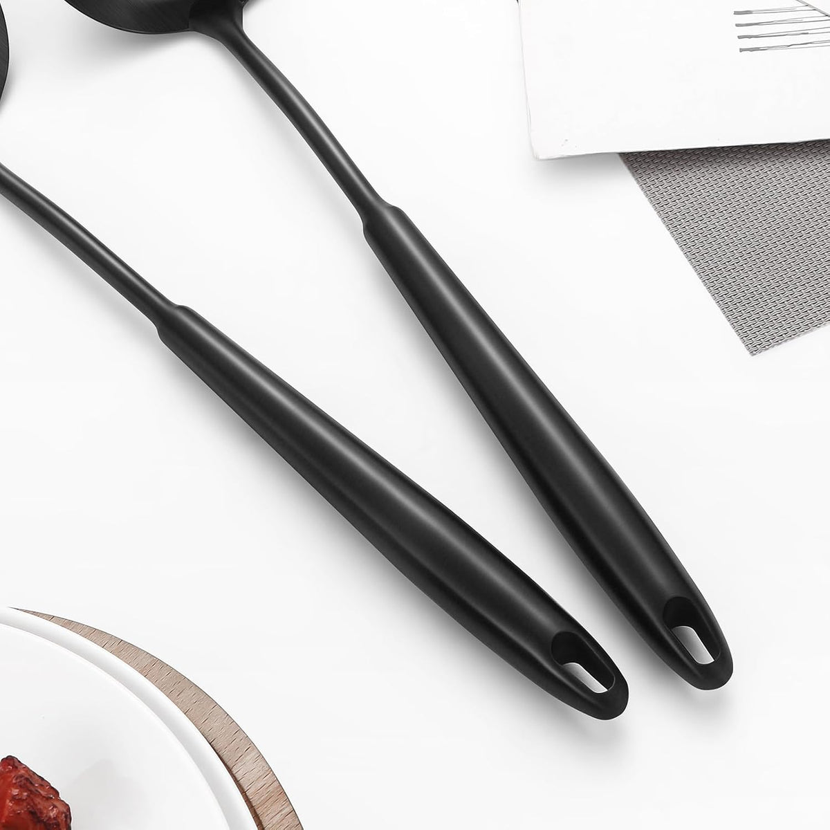 304 Stainless Steel Cooking Utensils,6 Pcs Kitchen Cooking Utensils Set with Spatula, Solid Spoon, Ladle, Skimmer, Spaghetti Spoon,Dishwasher Safe(Black)