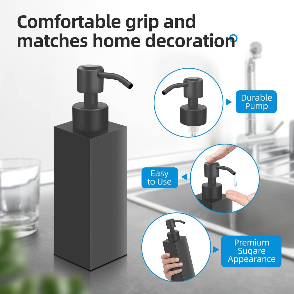 Black Soap Dispenser, Matte Black Stainless Steel, Rust-Proof Liquid Hand Dish Dispenser for Bathroom & Kitchen, 8.5 Oz Refillable Countertop Lotion Bottle (Square)