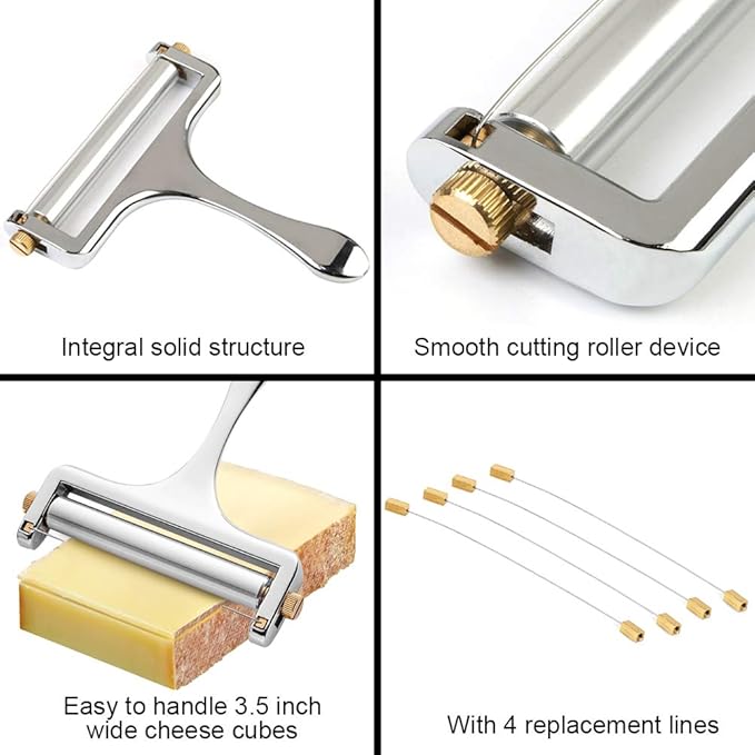 NANEEZOO Cheese Slicer, Adjustable Thickness Heavy Duty Stainless Steel Cheese Slicers With Wire for Soft & Semi-Hard Cheeses - 4 Replacement Stainless Steel Cutting Wire Included (Silver)
