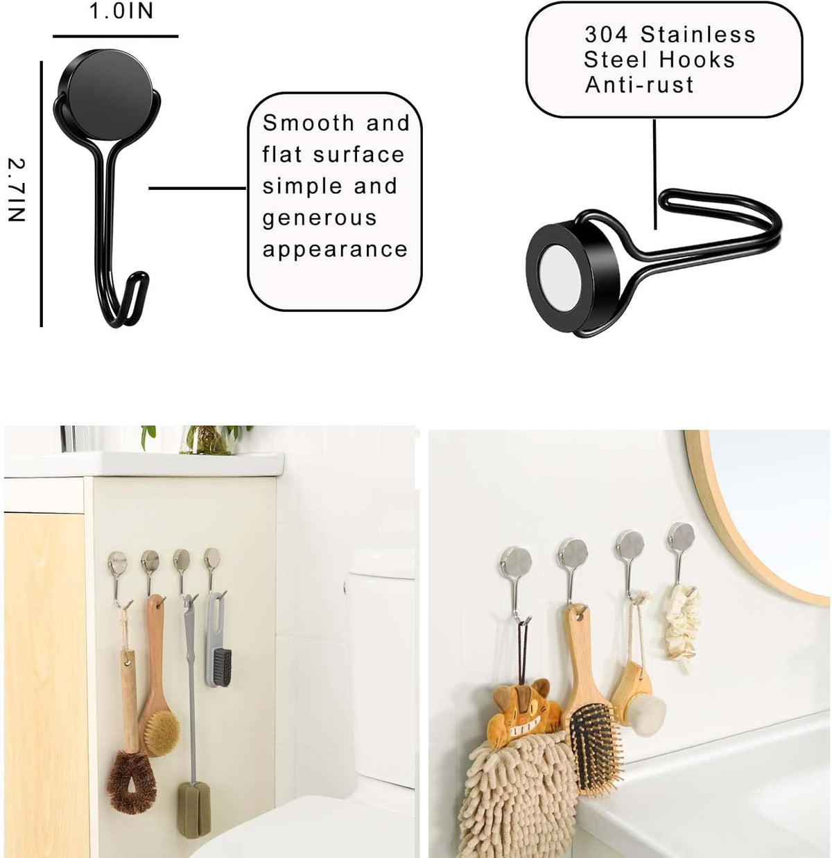 Magnetic Hooks, Heavy Duty 304 Stainless Steel Magnet Hooks for Cruise Refrigerator Grill,Strong Magnets with Hooks for Home Kitchen, Garage Key Holder,4pack （Black,1.1in-1 22Lbs）