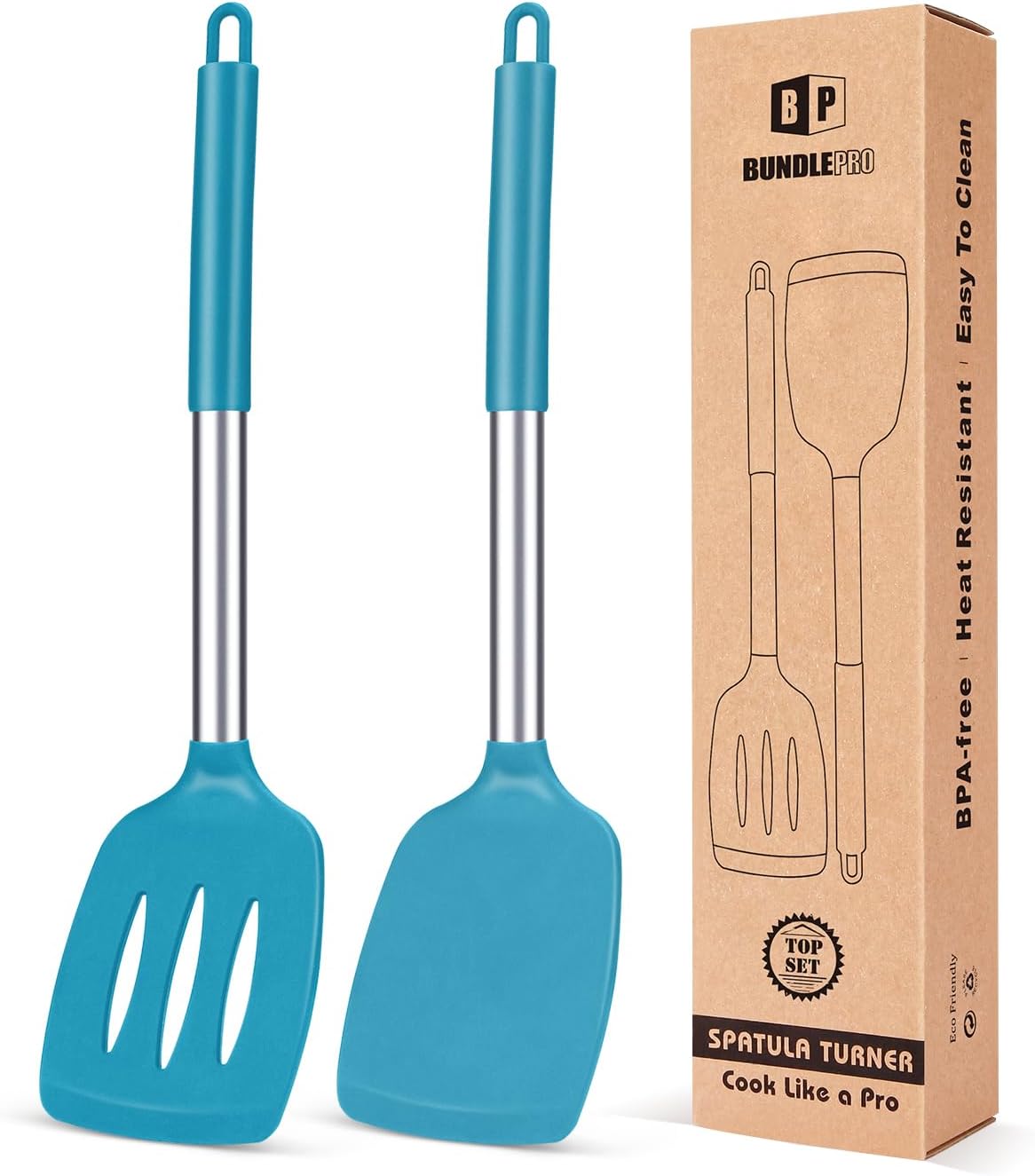 Pack of 2 Silicone Solid Turner, Non Stick Slotted Kitchen Spatulas, High Heat Resistant BPA Free Cooking Utensils, Ideal Cookware for Fish, Eggs, Pancakes(Blue)