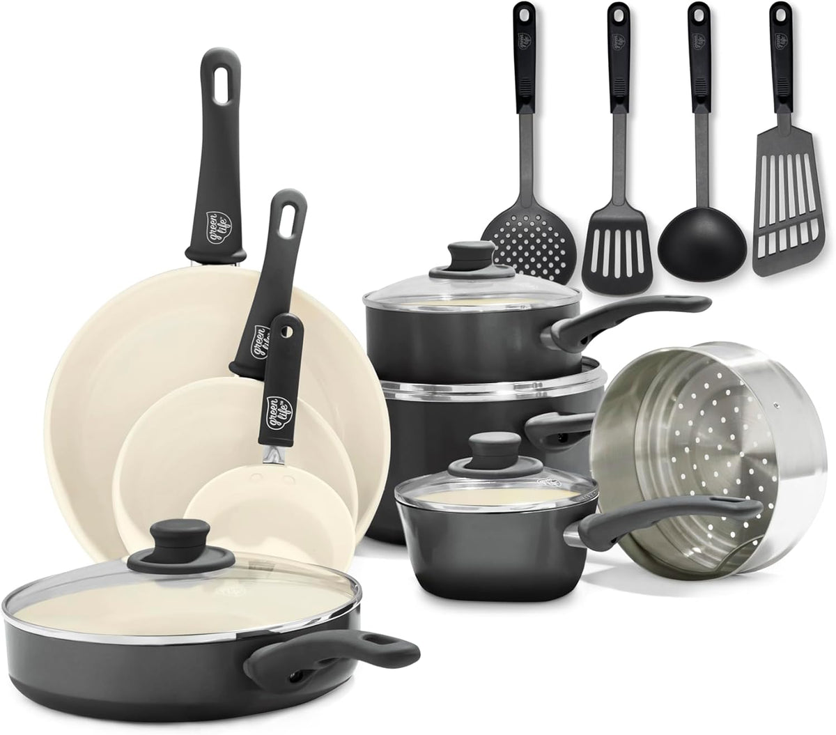 GreenLife 16 Piece Nonstick Cookware Set, Soft Grip Non-Toxic PFAS-Free Ceramic Pots & Pans, Dishwasher & Oven Safe, Frying, Sauce, Utensils, Glass Lids, Stay-Cool Handles, Wobble Free, Black & Cream