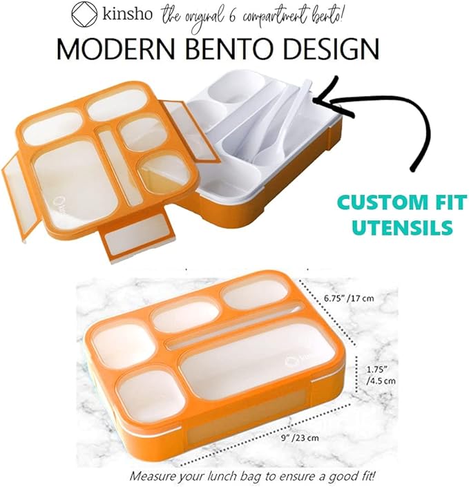 Bento Lunch Box for Kids, Boys, Girls, Adults, 6 Compartment Lunch-Boxes, Leakproof School Snack or Meal Portion Container, Utensils, BPA-Free, Orange