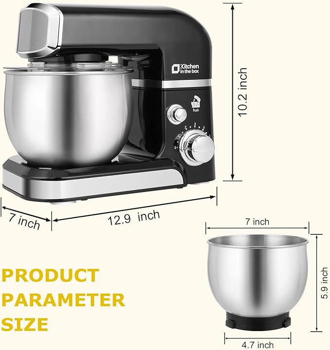 Kitchen in the box Stand Mixer,3.2Qt Small Electric Food Mixer,6 Speeds Portable Lightweight Kitchen Mixer for Daily Use with Egg Whisk,Dough Hook,Flat Beater (Black)