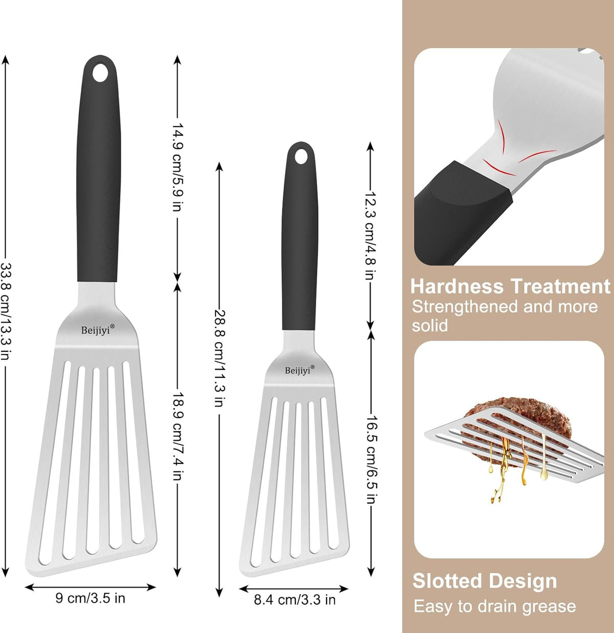 Beijiyi 2 Pack Fish Spatula Set, Stainless Steel Slotted Turner for Flipping Fish, Egg, Burgers, Metal Spatulas for Kitchen and Grilling Thickened Cooking Utensils with Silicone Handle, 13.3" & 11.3"