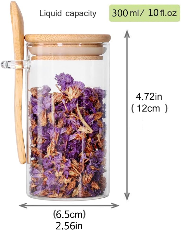 Glass Jar with Bamboo Lid and Spoon, 8Pack 10 OZ Tea Containers for Loose Leaf Tea, Salt and Sugar Containers for Countertop, Yogurt Jars for Overnight Oatmeal