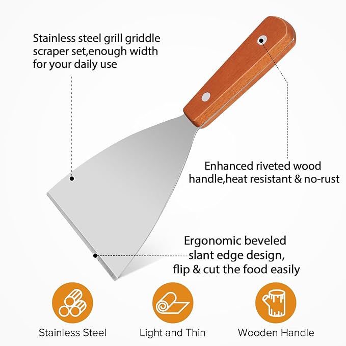Small Flat Metal Spatula Scraper Set,2 Pcs Stainless Steel Dough Food Scraper Kitchen Tool, Griddle Grill Scrapers for Flat Tops Pancake Pizza Burgers Cooking Cutting Flipping Cleaning, Slant Edge