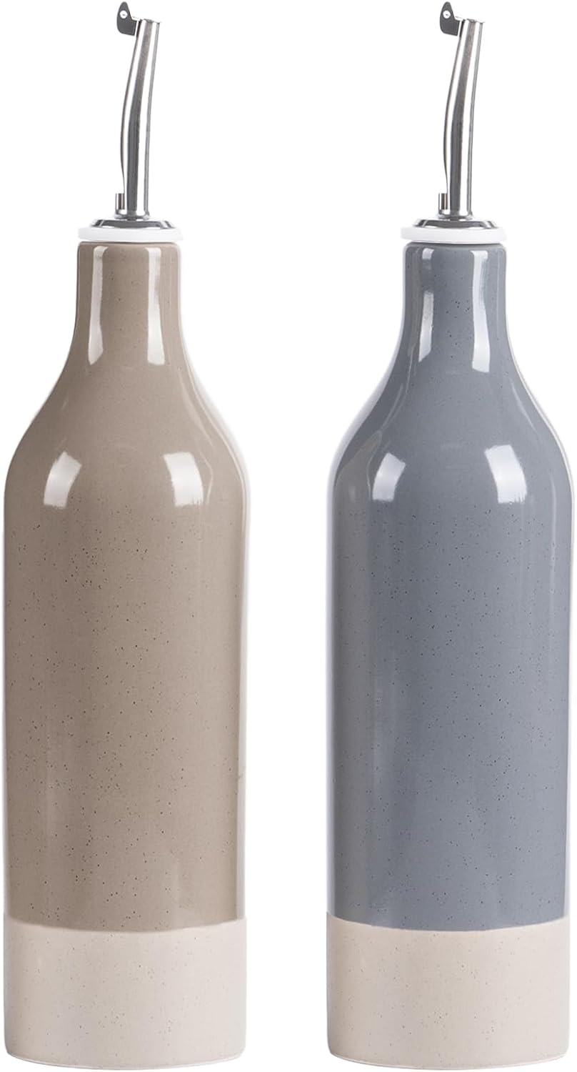 famiware Milkyway 16oz Ceramic Olive Oil Dispenser Bottle, Olive Oil and Vinegar Dispenser Bottle Set of 2 with Stainless Steel Pourers, Suitable for Storage Liquids, Dark Gray and Cinnamon Brown