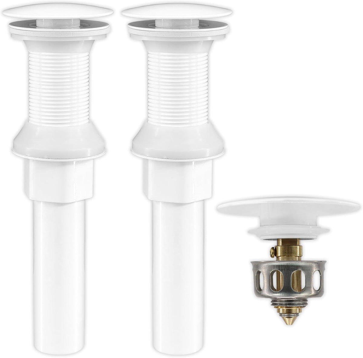 Bathroom Sink Drain,2 Pack White Drain Stopper Bathroom Sink Without Overflow,Pop Up Drain Assembly with Detachable Strainer Basket,Built-in Anti-Clogging, Stainless Steel Nut