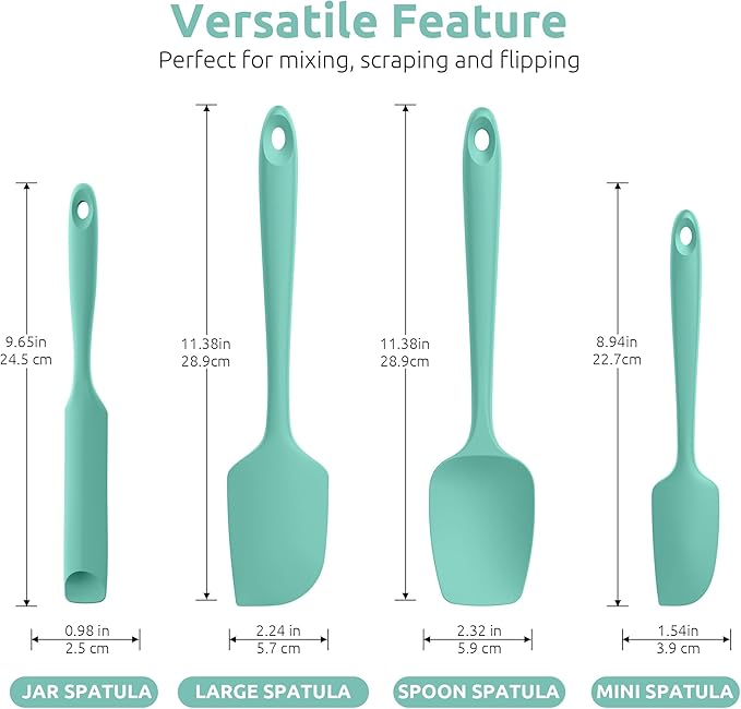 U-Taste 600ºF Heat Resistant Silicone Spatulas: Flexible Food-Grade Silicon Baking Scraper, Kitchen Cooking Mixing Utensils with Upgraded Sturdy Handle Tip for Nonstick Cookware (4-Pc., Aqua Sky)