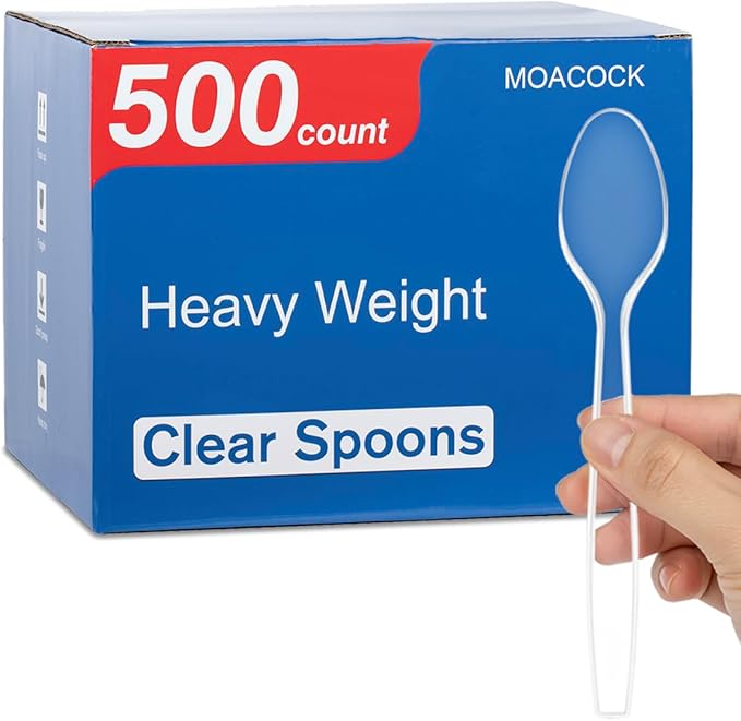 500 Count Clear Plastic Spoons, Heavy Weight Disposable Spoons Cutlery Plastic Utensils, Clear PlasticSilverware Bulk