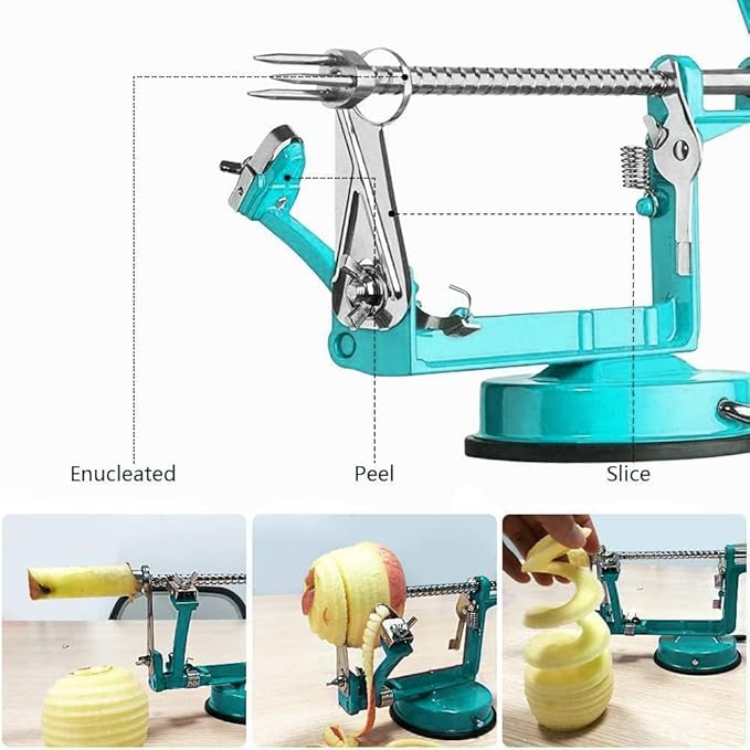 Apple Peeler, Slicer Corer Potato Peelers 3 In 1, Stainless Steel Heavy Duty Suction Cup Base And 7 Extra Blades (Blue)