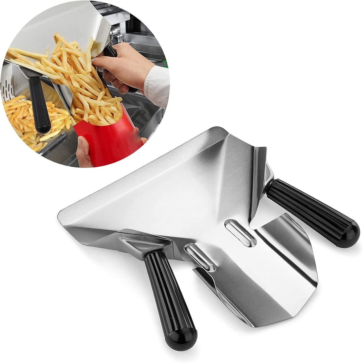 Stainless Steel Dual Handle French Fry Bagger Scoop Chip Popcorn Bagger Ice Candy Snacks Desserts Scooper with Removable Right Handle