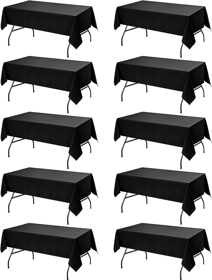 10-Pack Black Tablecloths for Rectangle Tables, 60 x 102 Inches, Stain-Resistant Polyester Fabric for 6 Foot Tables - Washable Table Covers for Weddings, Banquets, Birthday Parties, Events