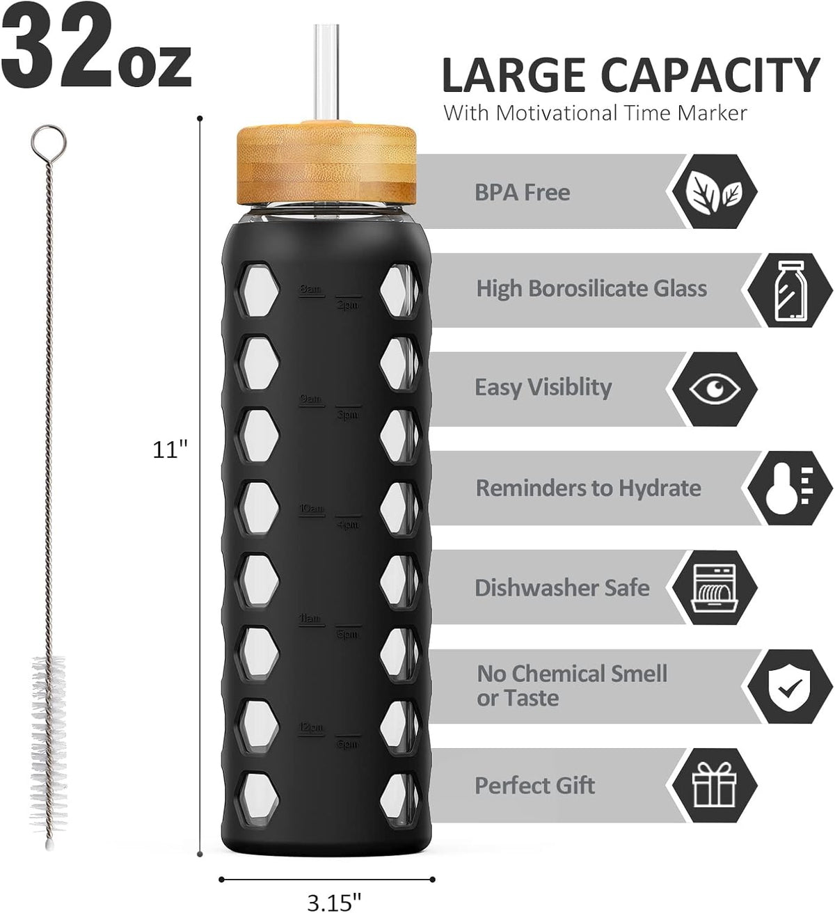 MUKOKO 32oz Glass Water Bottles with 2 Lids-Handle Spout Lid&Bamboo Straw Lid, Motivational Water Tumbler with Time Marker Reminder and Silicone Sleeve, Leakproof-Black-1 Pack