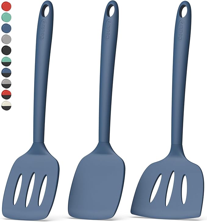 Coukre 3 Pack Silicone Spatula Set, High Heat Resistant, BPA-Free, Fish Spatula, Solid & Slotted Turner for Non-Stick Pans, Flipping Eggs, Pancakes, Fish, Burgers (3, PureDarkBlue)