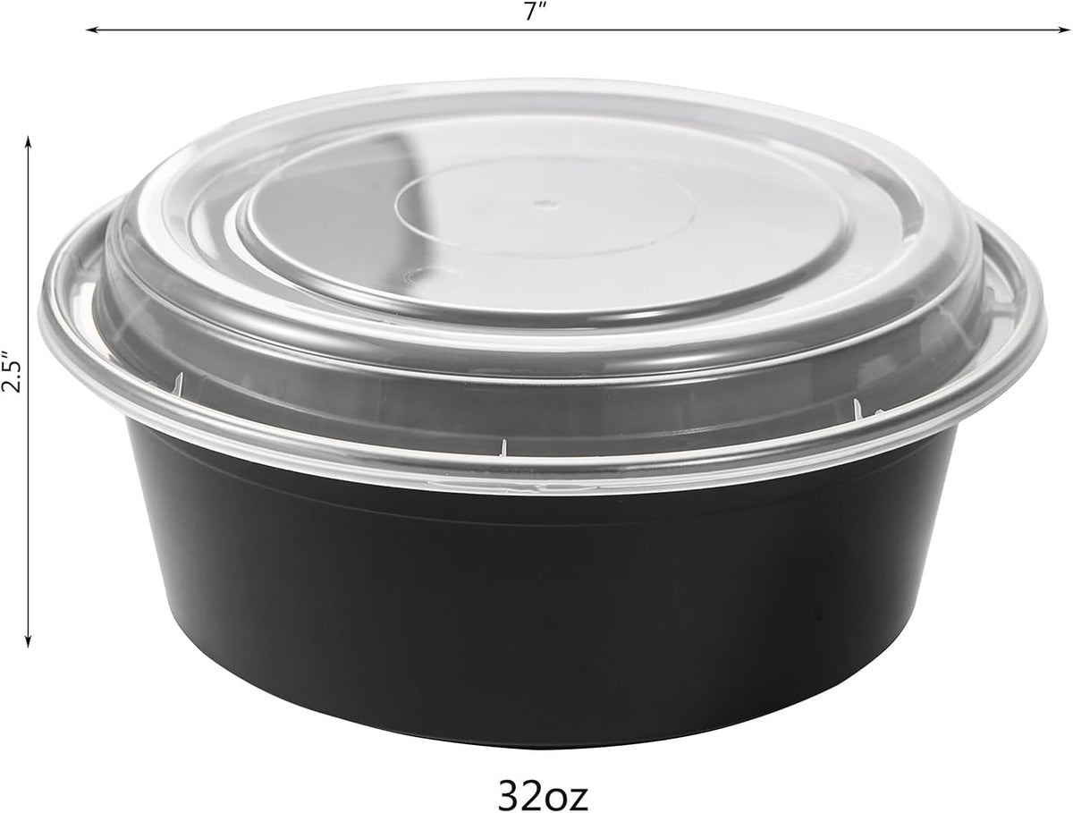 FULING 32 oz 50 ct Round Meal Prep Containers with Lids Plastic Food Storage Lunch Plan To Go Box Disposable Take Out Bowls Black BPA Free Reusable Durable Stackable Microwave Freezer Dishwasher Safe