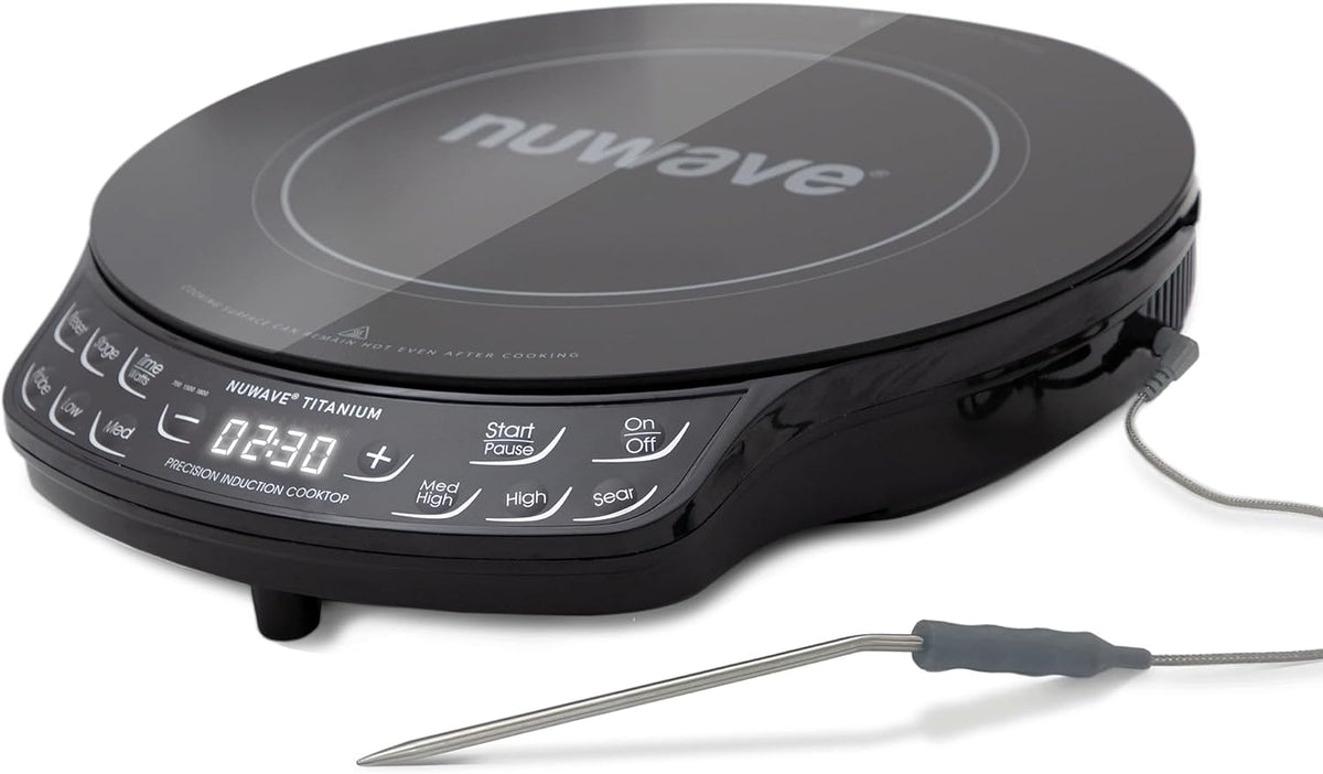 Nuwave Upgraded Induction Cooktop, 3 Wattage Control, Patented Digital Temp Probe, 8”Large Heating Coil, 12”Shatter-Proof Ceramic Glass,106 Temps-Ctrl