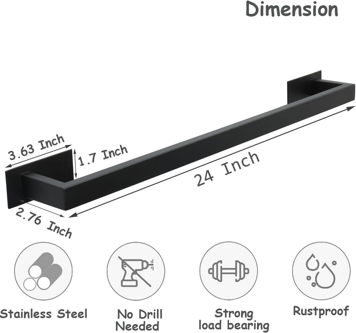 Bathroom Towel Bar Self Adhesive, No Drilling Towel Rack Easy to Install, Hand Towel Holder Made of Premium Stainless Steel Sticky on Hand Towel Hanger for Kitchen, Toilet.(24IN, Black)