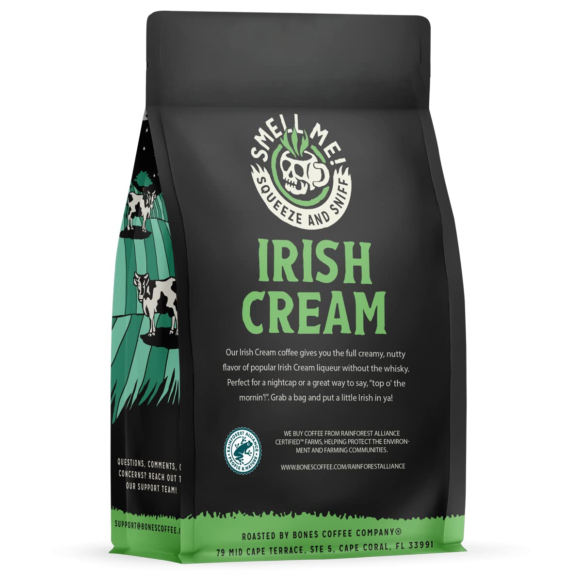 Bones Coffee Company Irish Cream, Creamy Liqueur Flavored Coffee, Medium Roast Low Acid Arabica Beans Compatible with Auto drip and French Press Coffee Maker, 12 Oz Ground