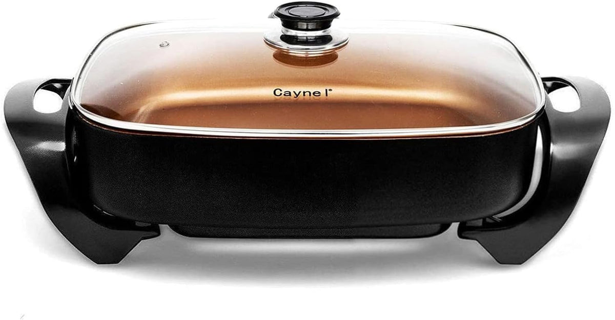Caynel Professional Non-stick Copper Electric Skillet Jumbo, Deep Dish with Tempered Glass Vented Lid, Upgrade Thermostat, 16”x 12”x 3.15”- 8 quart