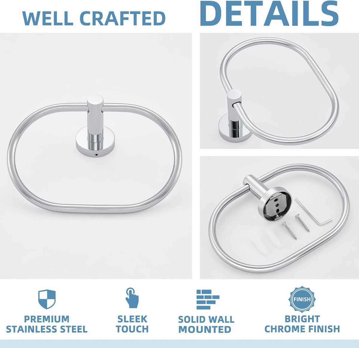 APLusee Oval Towel Ring Chrome, Stainless Steel Hand Towel Holder for Bath Kitchen, Wall Mounted