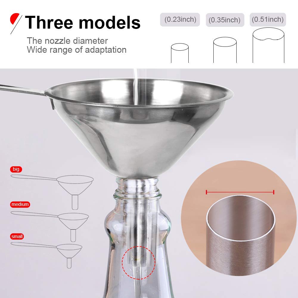 YGDZ Kitchen Funnel for Filling Bottles, 3pcs Metal Stainless Steel Small Mini Funnels for Essential Oils Liquid, Long Handle Funnel Set, 2pcs Cleaning Brushes