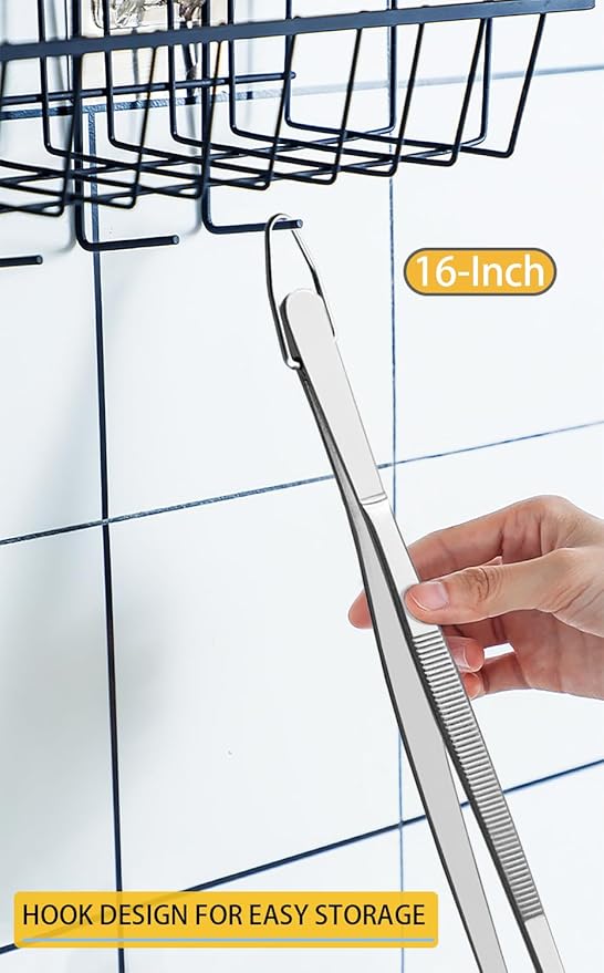 JETKONG 2 Pcs 16-Inch Food Tweezers Extra Long Kitchen Tweezer Tong Chopsticks Tongs Large Stainless Steel Cooking Tweezers (Round-Tips)