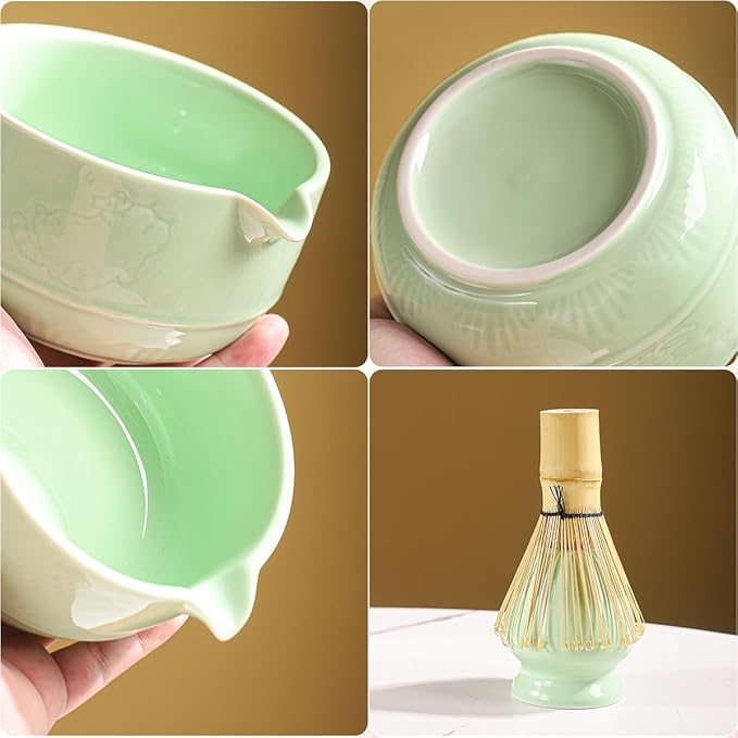 Matcha Tea Set, 5-Piece Ceramic Matcha Bowl & Whisk Kit with Cute Cat Pattern, Traditional Japanese Chawan, Scoop & Sifter, Perfect for Tea Ceremony, Gift for & Tea Lovers (green)