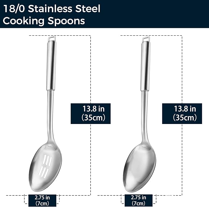 18/0 Stainless Steel Cooking Spoons Set, Serving Spoon & Slotted Spoon, Kitchen Cooking Utensils Set, Housewarming Daily Use Commercial, Pack of 2