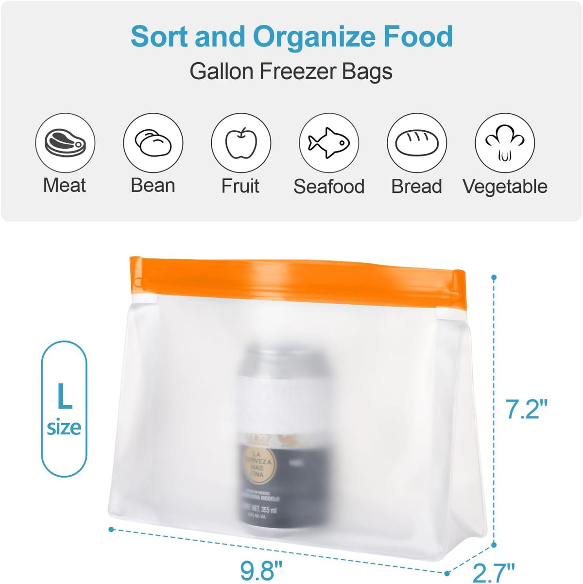 iSPECLE Reusable Gallon Freezer Bags - 6 Pack Freezer Bags BPA-Free with Stand-Up Bottom and Label, Easy to Get Frozen Meat, Vegetables, Fruit, Leakproof Freezer Storage Bags Keep Food Fresh, Orange