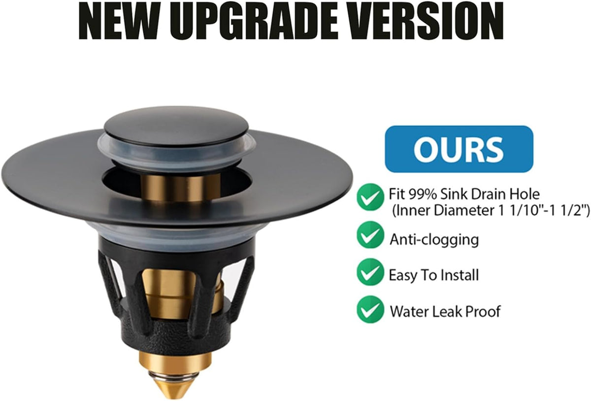 Three colors Bathroom Sink Stopper, 1.1-1.5" Bathroom Sink Strainer, Universal WashBasin Pop Up Drain Stopper, Bounce Core Push Type Sink Plug, Anti-Clogging, Stainless Steel (Matte Black,1PCS)