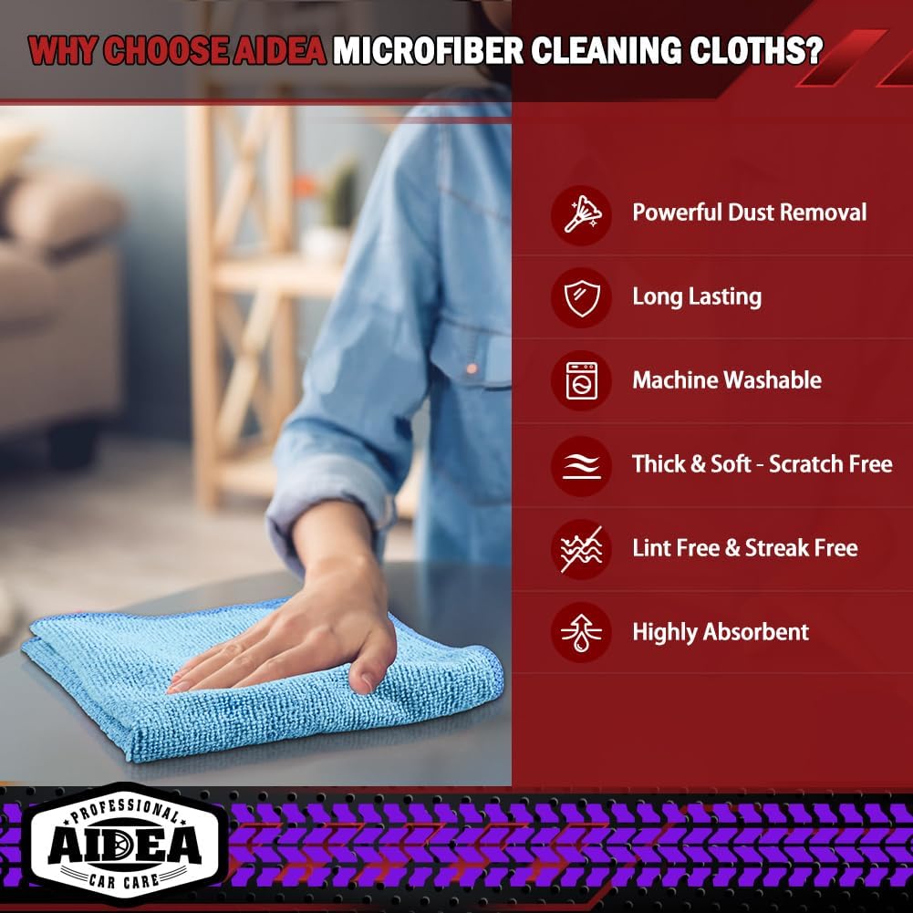 AIDEA Microfiber Cleaning Cloth Blue 10PK, Microfiber Towels for Cars, Premium Car Cloths, Dusting Cloth Lint Free Cleaning Rags for SUVs, House, Kitchen, Window, Workshops,12×12"