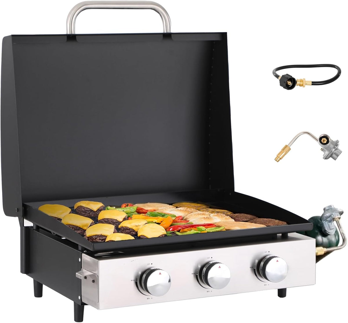 GREEN PARTY 22 inch Tabletop Griddle with Ceramic Coated Cast Iron Plate, 3 Burners Flat Top Griddle, Portable Propane Gas BBQ Grill Griddle for Kitchen Outdoor Cooking Barbecue Camping Tailgating