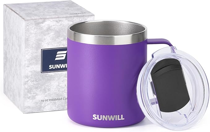 SUNWILL Insulated Coffee Mug with Lid, Travel Tumbler with Handle, 14 oz Stainless Steel Cup for Camping, Office, Home, Powder Coated Purple