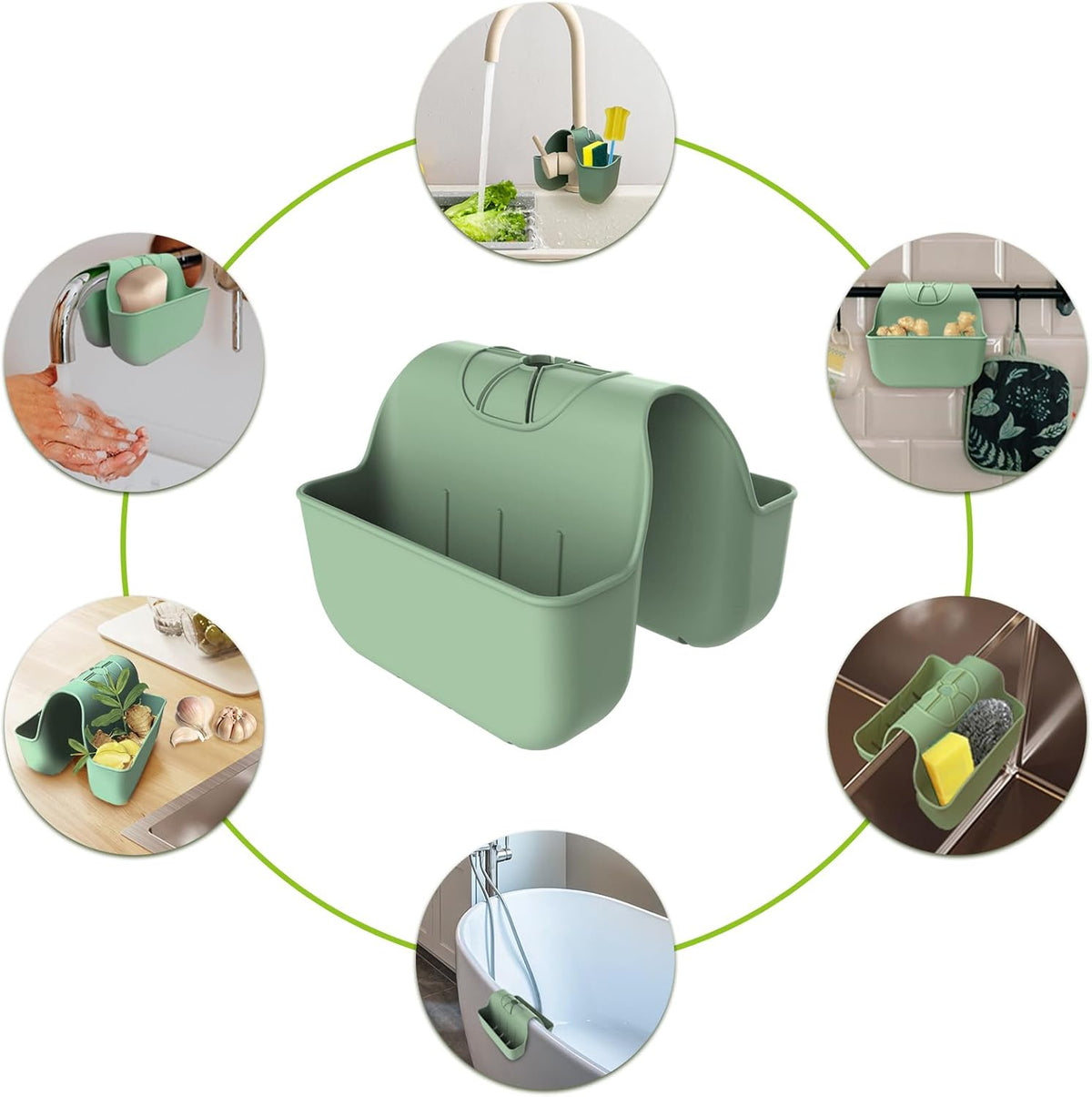 Sponge Holder for Kitchen Sink, Silicone Sink Saddle Caddy Organizer Rack, Sponges Holder Over Faucet, Hanging Kitchen Organizer Accessories Rack Basket Green