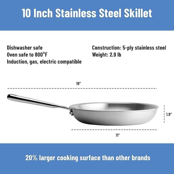 Misen 5-Ply Stainless Steel 10" Frying Pan - Professional Cookware for Induction, Gas and Electric - Dishwasher Safe, Oven Safe to 800°F - Durable, Versatile, Even Heating