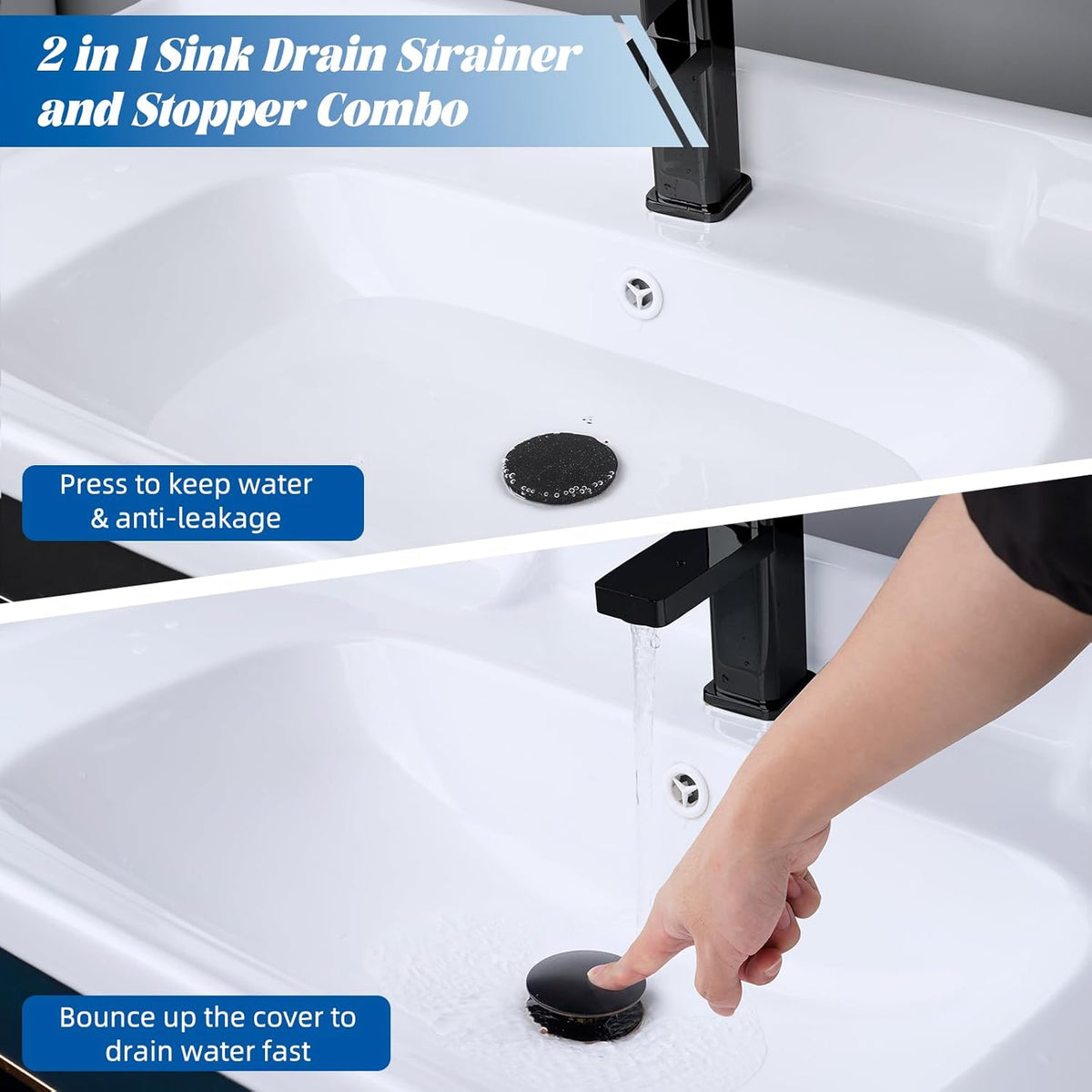 Hibbent 2 Pack All Metal Upgraded Bathroom Sink Stopper, Universal Pop Up Sink Drain Strainer, Brass Bullet Core Push Type Sink Stopper for 1.1''~2.3''' Basin, Anti Clogging Drain Filter, Matte Black