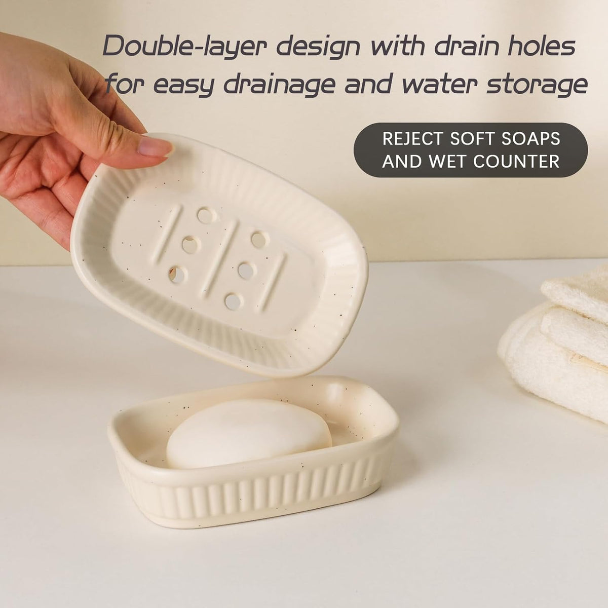 Ceramic Soap Dish, Self-draining Soap Holder, Double Layer Bar Soap Holder, Speckled Draining Soap Dishes for Bathroom Shower Kitchen, Minimalist Vintage Style, Keep Soap Dry, ANTIS'S HOME
