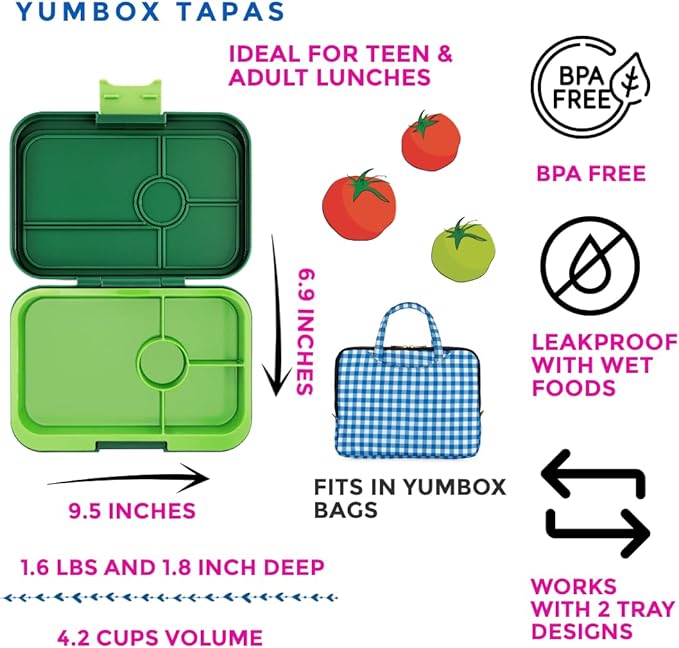 Yumbox Tapas Bento Lunch Box – Leakproof & Reusable Food Container for Adults, Teens & Kids – 4-Compartment Tray – Palm Green Lime – BPA-Free & Easy to Clean – Ideal for Work, School & Travel