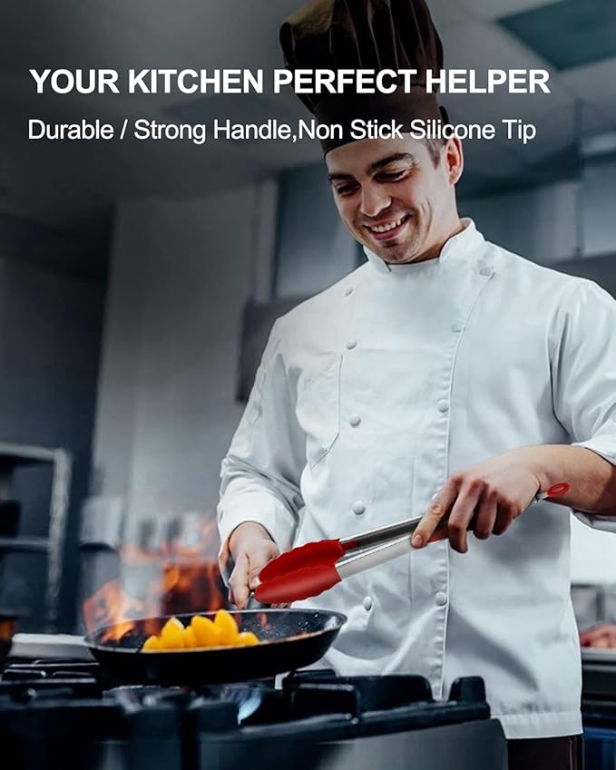 600ºF Heat Resistant Kitchen Tongs, Premium Locking Cooking Tongs with Silicone Tips, Non-Slip Food Tongs for Cooking, Non-Stick, Heavy Duty Stainless Steel Handle, Set of 3-7" 9" and 12" Multicolor