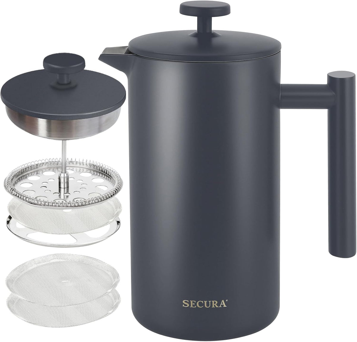Secura French Press Coffee Maker, 304 Grade Stainless Steel Insulated Coffee Press with 2 Extra Screens, 34oz (1L), Grey