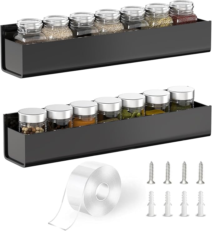 PMMASTO Adhesive Acrylic Spice Rack Organizer for Wall with Nano Double Sided Tape, Spice Shelf Organization for Kitchen Cabinet Door/Pantry Door, Wall Mount Seasoning Rack (Black-2 Pack)