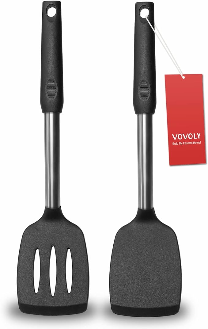 2 Pack Spatulas, Solid & Slotted Silicone Spatula Set, Stainless Steel Handle Coated with Silicone, Non Stick Turners, Heat Resistant Rubber Spatulas for Fish, Eggs, Pancakes, WOK, Black