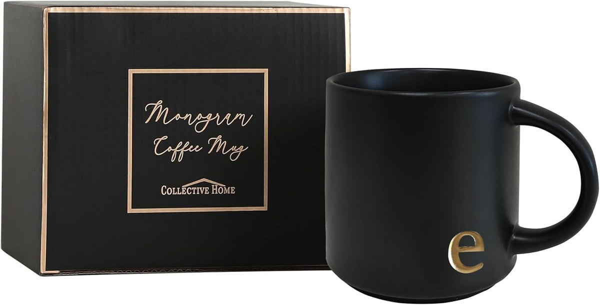 COLLECTIVE HOME - Black Monogram Ceramic Mugs, 15 oz Golden Initial Coffee Cups, Elegant Alphabet Tea Mugs, Personalized Halloween Mug with Gift Box, Perfect for Office and Home Décor (e)