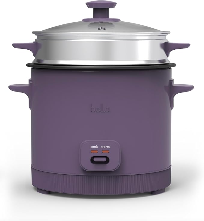 bella 16 Cup Rice Cooker with Steamer, Dishwasher Safe Steaming Basket, Rice Paddle and Measuring Cup, Removable Nonstick Cooking Bowl, Automatic Keep Warm Function, 400 Watt, Plum
