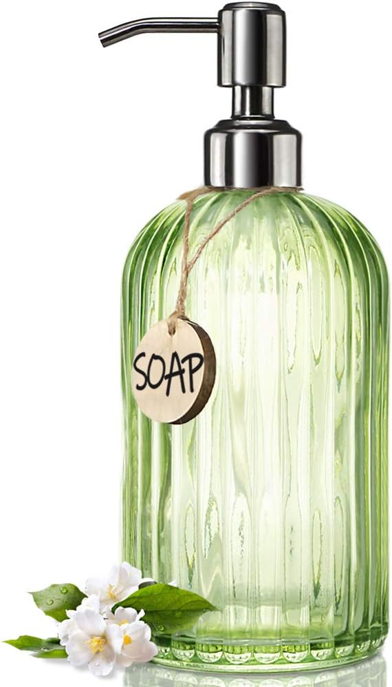 JASAI 18 Oz Vertical Striped Green Soap Dispenser with 304 Rust Proof Stainless Steel Pump, Refillable Lotion Soap Dispenser for Bathroom, Kitchen, Hand Soap, Dish Soap (Clear Green)