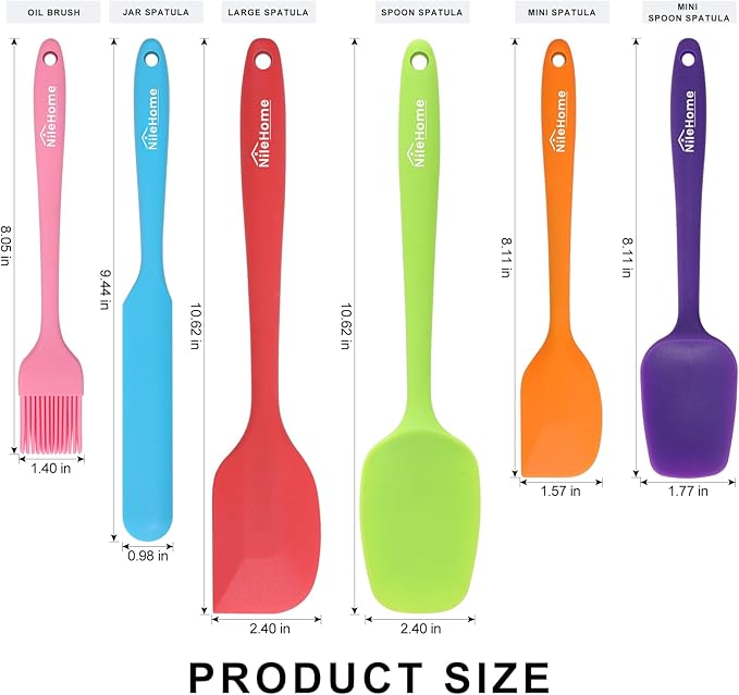 NileHome Silicone Spatula Set, 6 Pieces Food Grade Kitchen Utensils with Silicone Brush Heat Resistant Dishwasher Safe BPA-Free Rubber Spatula for Scraping, Baking, Cooking, Mixing-Multicolor